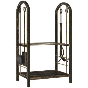 Vedställ Inomhus med Verktyg Svart Stål för Öppen Spis Kompakt Vedförvaring med 4 Krokar och Hyllplan Stabil Konstruktion Modern 43 x 30 x 74 cm