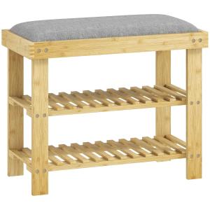 Sittbänk med Skoförvaring och 2 Öppna Fack för Hall och Entré Hållbar och Stabil Grå Bambu och Tyg 60 x 29 x 49 cm