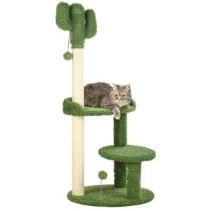 Skrapstolpe Kattträd Grön av Sisal och Plysch för Små Katter Kaktusdesign med 2 Våningar och Lekboll Stabil Ø 49 x 111 cm