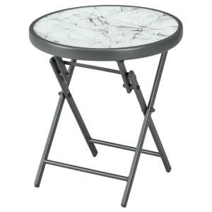 Sidobord Fällbord med Marmorlook Vit av Glas och Metall för Balkong och Terrass Runt Soffbord 45 x 45 x 50 cm