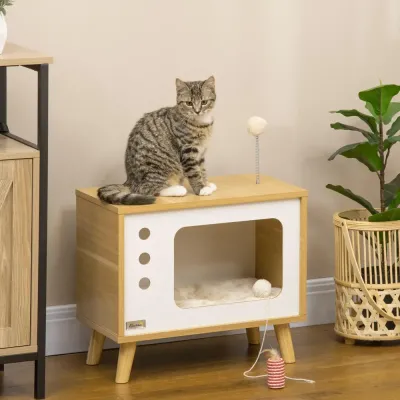 Katthus i Tv- Retro Kattkorg med Lekboll 50 x 28 x 43 cm