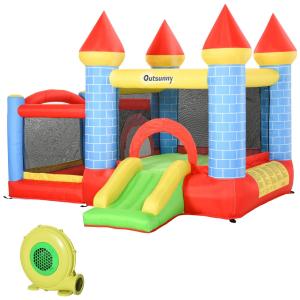 Hoppborg med Rutschkana och Pool, Färgglatt Lekslott för Trädgården, Rolig Aktivitet för Barnkalas, Röd/Blå/Grön, 3-8 år