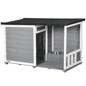 Hundkoja med Veranda, Rymligt Utehus i Granträ med Matbar, Väderbeständig Design med Asfalttak, Grå, 103 x 62 x 60-66 cm