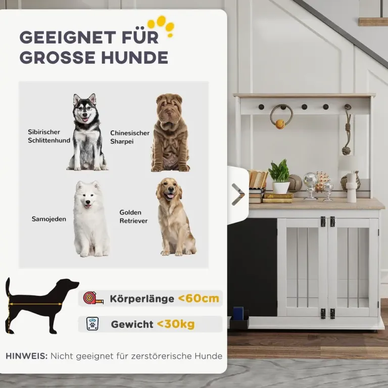 Hundbur Hundlåda Vit av Trä och Metall för Stora Hundar