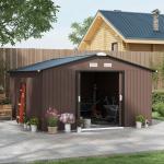 Verktygsbod Trädgårdsbod med Taktak Brun av Galvaniserat Stål för Trädgård Skjul med Skjutdörr 12,4 m² 340 x 386 x 200 cm