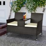 Trädgårdsbänk med Integrerat Bord 2-Sits Konstrotting med Avlastningsyta Stabil Stålram Brun 133 X 63 X 84 Cm