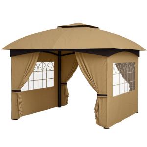Lusthus Trädgårdspaviljong Vattenavvisande Tält Beige av Polyester och Metall för Trädgård Partytält med Dubbeltak 3,4 x 3,4 m