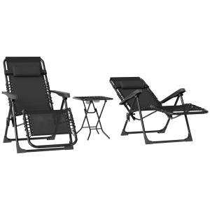 Solstol Trädgårdsstolar Set om 3 Svart av Metall och Tyg för Trädgård och Terrass Hopfällbar Stol med Bord 90 x 56 x 110 cm