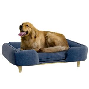 Hundsäng Hundsoffa Mörkblå av Polyester och Trä för Hundar Hundkorg med Träben Bekväm Sovplats Modern Design 96 x 66 x 24 cm