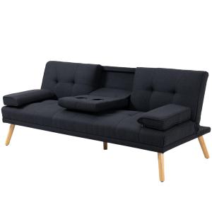 Bäddsoffa 3-Sits Soffa Stoppad med Bord och Mugghållare Grå av Linnelook och Trä för Vardagsrum Skandinavisk Design Kapacitet 250 kg