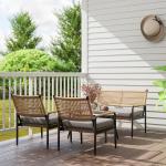 Trädgårdsmöbelset i Polyrattan Loungeset med 2-sits Soffa, Fåtölj och Glasbord för 4, Mörkgrå+Gul