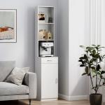 Högt Badrumsskåp Slimmad Design med Låda, Hyllor och Skåp i Spånskiva, Vit
