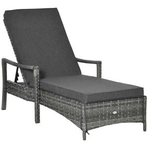 Justerbar Solsäng i Konstrotting, Bekväm Solstol med Dyna och Hjul, Väderbeständig Design för Terrass och Pool, Grå, 192 x 62,5 x 52,5 cm