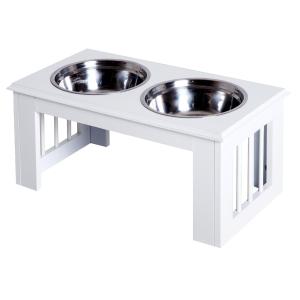 Upphöjd Matbar för Hundar Matstation 2 Rostfria Skålar och Förvaring Ergonomisk MDF för Stora Hundar Vit 58,4 X 30,5 X 25,4 Cm