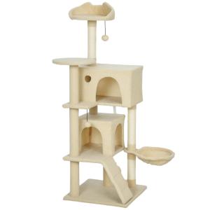 Katträd Beige Plysch och Sisal för Katter 140 cm Högt Klösträd med Hängmatta och Stege Mysig Koja och Lekbollar Stabil Konstruktion för Klösning