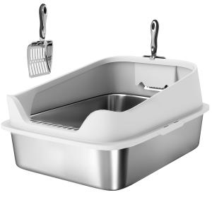 Kattlåda i Rostfritt Stål med Hög Kant Grå Metall för Katter Upp till 7 kg Hygienisk och Luktfri Öppen Toalett med Spade Hållbar och Lättstädad 60 cm
