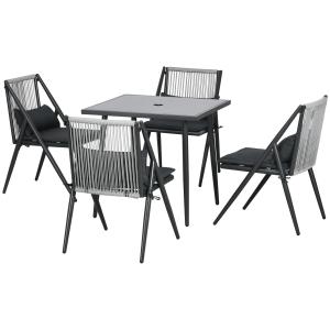 Trädgårdsmöbelset Sittgrupp Mörkgrå av Polyester och Metall för Uteplats 5 Delar med Bord och 4 Stolar Paraplyhål Slitstark