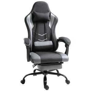 Spelfåtölj Höjdjusterbar med Nackstöd och Svankkudde Ergonomisk upp till 120 Kg med Fotstöd Svart
