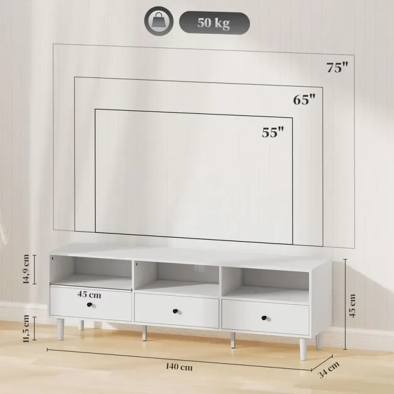 TV-Bänk TV-Skåp Lowboard Vit av Trä 140 x 34 x 45 cm