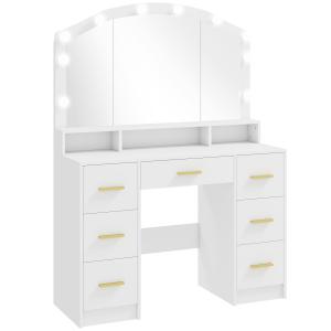 Sminkbord Hollywood med Belysning Vit MDF för Sovrum Sminkset med 10 LED-Lampor och Spegel 7 Lådor och Fack Rymlig Förvaring Modern