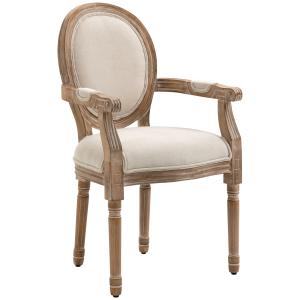 Antik Köksstol med Linnelook Klädsel och Massiv Träram, Crème, 56 x 54 x 96 cm