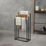 Handduksställ Badhanddukshållare Svart av Stål och Bambu för Badrum Fristående med 3 Stänger Modern Design Praktisk