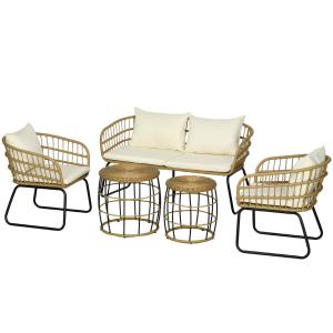 Trädgårdsmöbler Sittgrupp Beige av Rotting och Metall för Uteplats 5-Delad Set med Soffbord Fåtöljer och Dubbelsoffa Kuddar