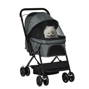 Hundvagn i Oxford-Tyg, Smidig Husdjursvagn för Små Hundar och Katter, Praktisk Transportkärra med Nätfönster, Mörkgrå, 76,5 x 52 x 95 cm