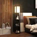 Golvlampa med 3-våningshylla, Fotkontakt och USB-portar i MDF, Svart