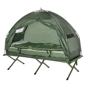 Tältsäng 4 i 1 Campingset med Tält och Sovsäck Hopfällbar med Luftmadrass för Camping Mörkgrön