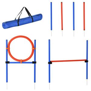 Agility Träningsset Blå Röd PE och Polyester för Hundsport 3 i 1 Slalom Tunnel och Hoppring Justerbar
