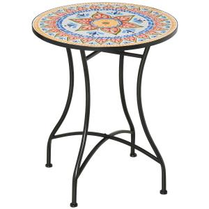 Mosaikbord för Trädgård, Runt Bistrobord med Keramikplatta, Dekorativt Sidobord för Balkong och Terrass, Röd/Blå/Vit, 60 cm