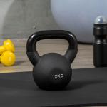 Kettlebell i Gjutjärn 12 kg, Ergonomisk Träningsvikt med Neoprenbeläggning, Skonsam mot Golv för Hemmaträning, Svart