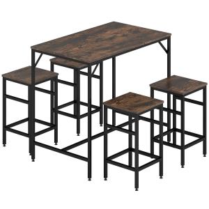 Bartisch Set Prisvärd Rustik Brun Svart Trä Metall för Kök och Matsal med Bord och Fyra Barstolar för Hemmet och Bar