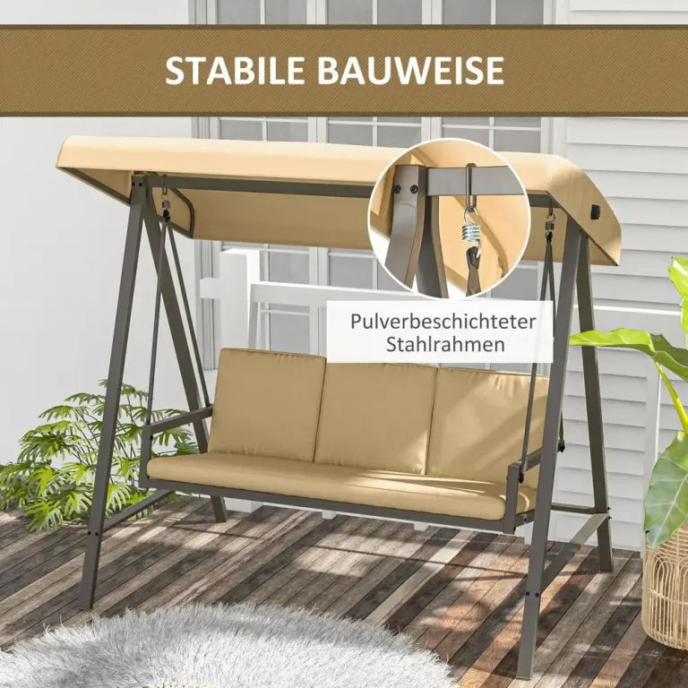 Trädgårdsgunga Gungbänk Beige av Metall och Tyg 3-Sits