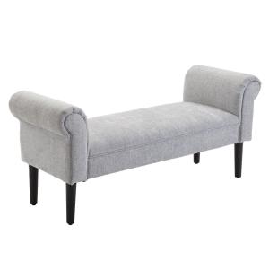 Elegant Sittbänk med Rullade Armstöd, Klädd Bänk i Linnetyg för Hall och Sovrum, Klassisk Design med Träben, Ljusgrå