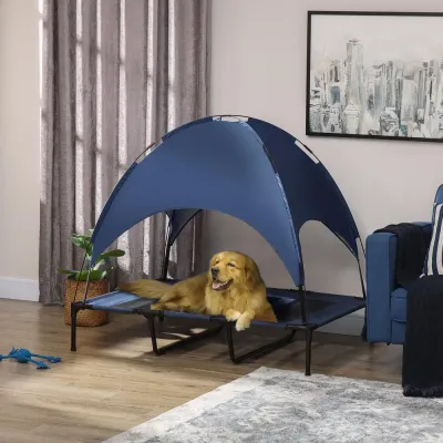 Upphöjd Hundbädd med Soltak Mörkblå 122 cm