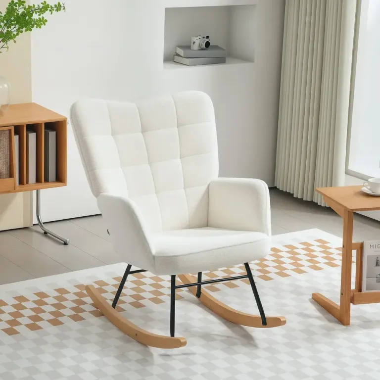 Gungstol Relaxstol med Berberfleecelook Vit av Tyg och Trä