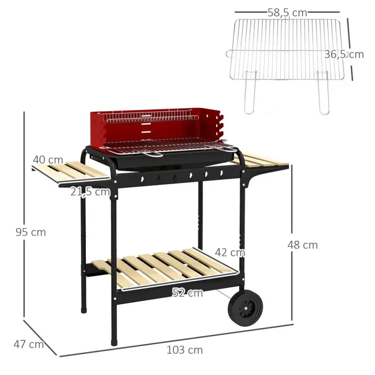 Kolgrill Bbq Rökare med Hjul Svart 103 x 47 x 95 cm