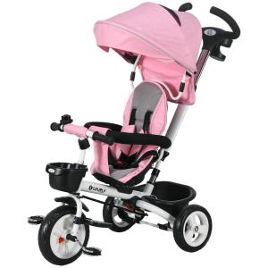 Trehjuling Barncykel Rosa av Metall och Plast för Barn 1-5 År 2-i-1 med Push Bar och Soltak Säkerhetsbälte Korg