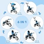 6-i-1 Trehjuling för Barn med Tryckstång, Kapell, Sele och Förvaringskorg, 1–5 År, Blå