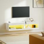 Hängande TV-skåp med RGB LED-belysning i 16 Färger, TV-bänk för 55-60 tums TV, Högblank Vit, 140x40x30 cm