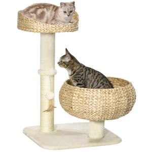 Klösträd med 2 Bäddar, Bekväm Klösmöbel med Tvättbara Dynor, Mysig Sovplats med Sisalpelare, Beige/Krämvit