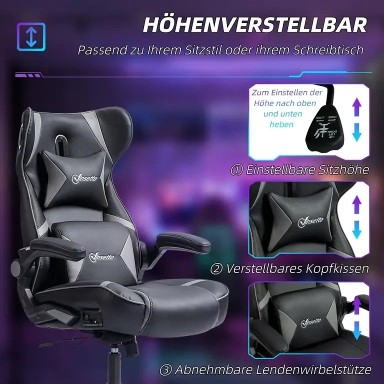Gamingstol Datorstol Svart Grå av Konstläder och Metall