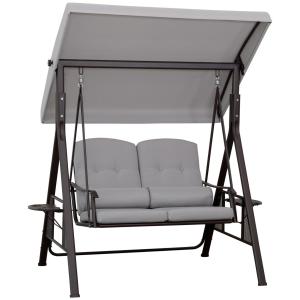 2-Sitsig Hammock med Soltak, Bekväm Trädgårdsgunga i Metall med Bricka, Avkopplande Hängsoffa för Uteplatsen, Grå, 162 x 118 x 173 cm