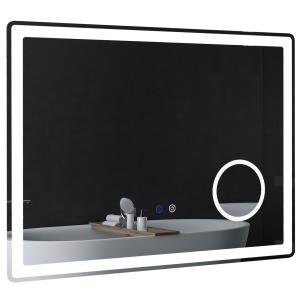 Kleankin Badrumsspegel LED Spegel Silver av Glas för Badrum med 3x Förstoring och Touchfunktion 3 Ljusfärger Anti-Imma Funktion 80 x 60 cm