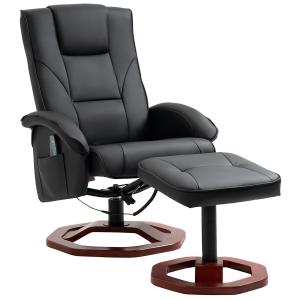 Snurrbar Massagestol med Pall, Bekväm Relaxfåtölj i Konstläder med Liggfunktion, Ergonomisk Vilostol för Vardagsrum, Svart, 73 x 83 x 106 cm