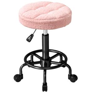 Höjdjusterbar Svängbar Rullpall, 360° Vridbar Arbetspall, Rosa, Ø50x50-66 cm