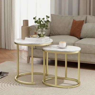 Soffbord Set om 2 Vit av Stål och Trälook Runda