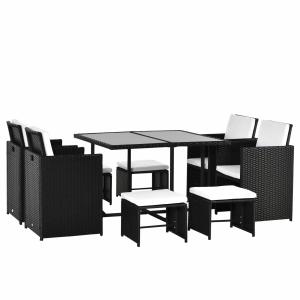 Sittgrupp Trädgårdsset Svart Polyrattan och Glas för Trädgård Terrass Balkong 8 Personer Väderbeständigt